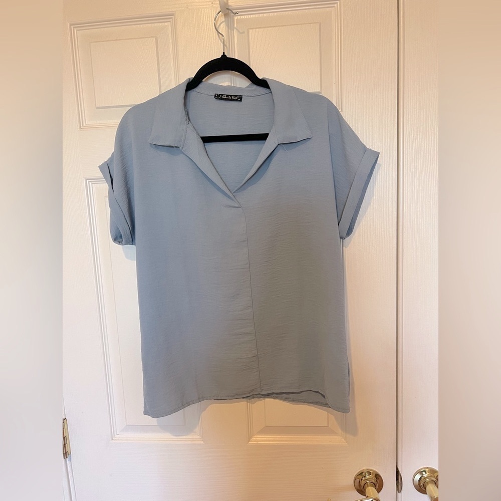 Grayish Blue Cuffed Sleeve Blouse